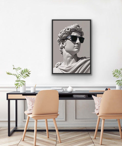 Framed poster of classical sculpture with sunglasses, modern wall art for stylish home decor.