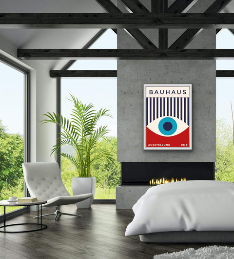 Framed matte paper poster in modern living space, featuring Bauhaus eye design.