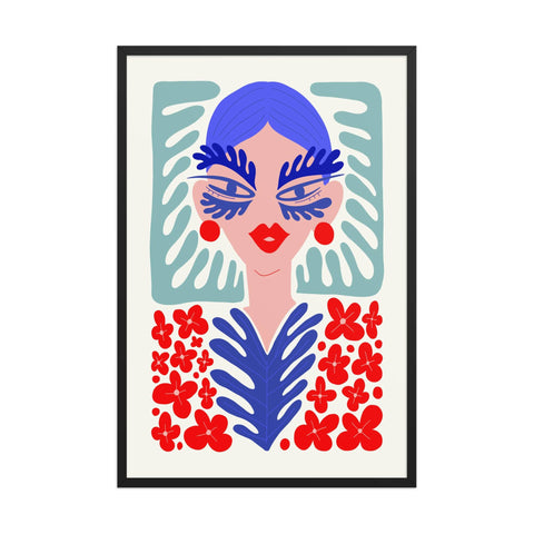 Jungle Muse framed poster featuring surreal botanical portrait with vibrant red blooms and blue leaves.