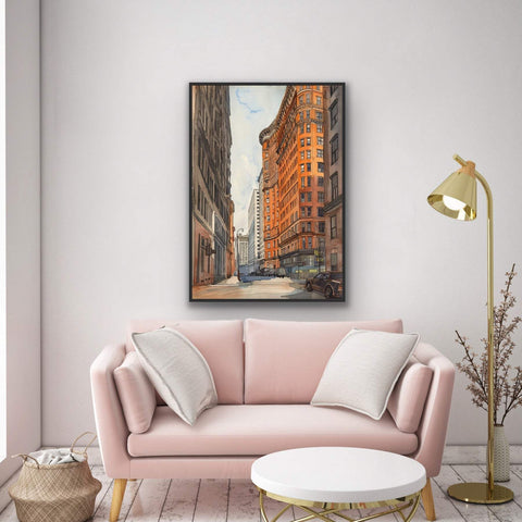 Framed poster featuring vibrant urban scene enhancing modern living room decor.
