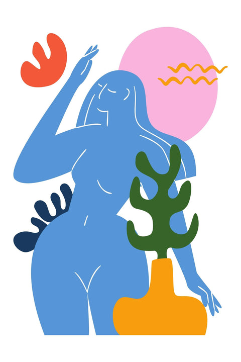 Blue Venus – Pop Surreal framed poster, 24x36, featuring a vibrant blue figure under a pink sun with orange and green accents.