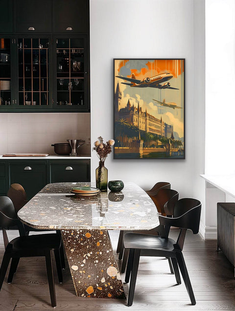 Framed poster featuring vintage airplane art and architectural details, perfect for travel enthusiasts.