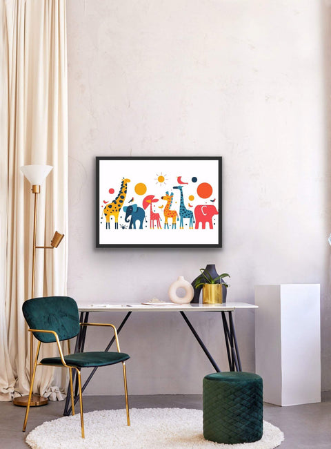 Framed poster featuring colorful animal parade art print with giraffes, elephants, and birds, ideal for kids room decor.