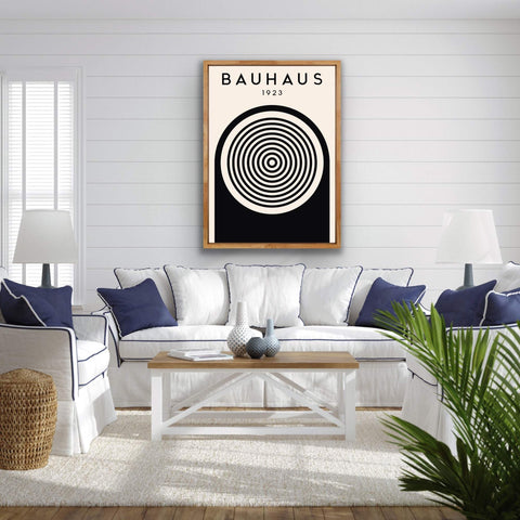 Bauhaus style matte paper poster with bold geometric design in wood frame.