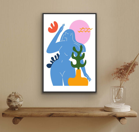 Framed poster of “Blue Venus – Pop Surreal Matisse Remix”, featuring a blue muse under a pink sun with orange and olive accents, 24x36 inches.