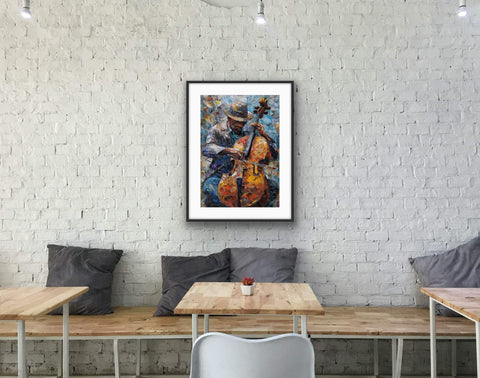 Matte paper framed poster featuring a musician playing a cello, vibrant textured art.