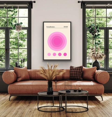 Stylish framed poster with modern abstract design in living room setting.