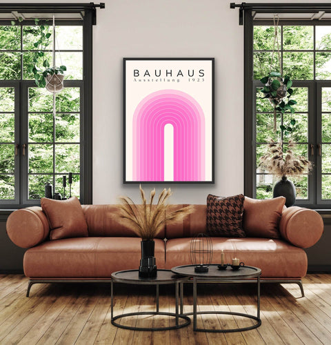 Framed poster with vibrant modern design in stylish living room setting.