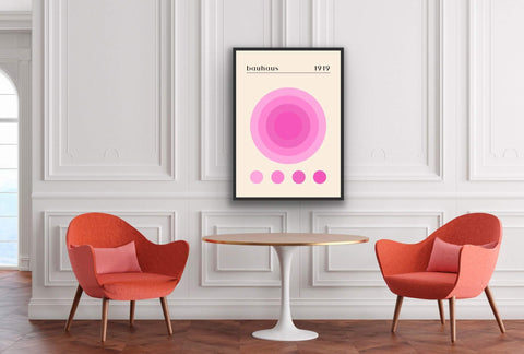 Framed poster featuring modern abstract graphic design in stylish living room setting.