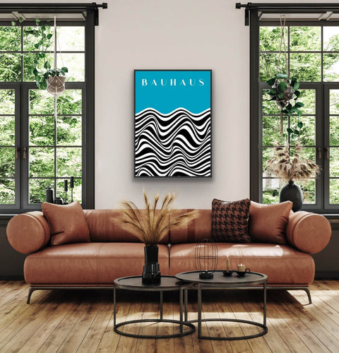 Framed poster with bold Bauhaus design featuring black and white waves on a blue backdrop, enhancing room sophistication.