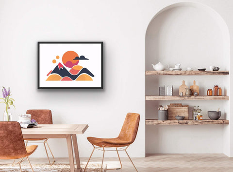 Framed poster featuring colorful contemporary mountain landscape in modern room setting.