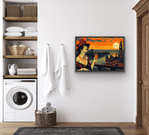 Framed poster featuring glamorous woman with cocktail against London cityscape, vibrant art print for sophisticated decor.