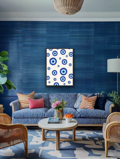 Framed poster with blue and white pattern enhancing modern home decor.