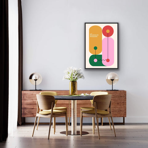 Framed poster with Bauhaus geometric art design enhancing modern home decor.