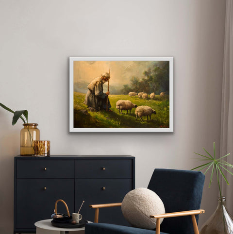 Framed matte paper poster featuring serene pastoral landscape art, enhancing home decor.