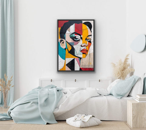 Framed photo paper poster with bold, colorful abstract portrait in modern room.