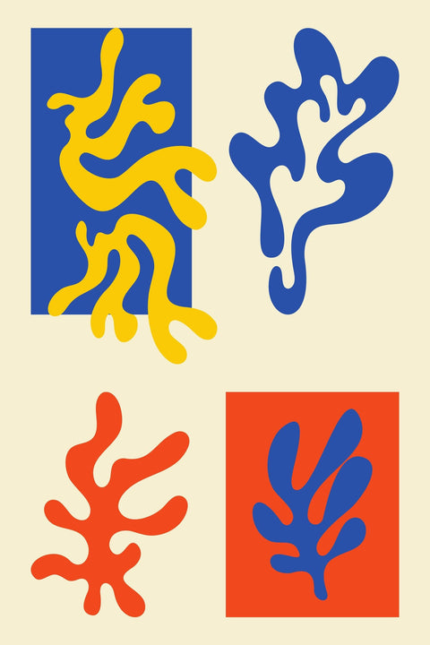 "Primary Jungle" 24x36" framed poster with bold, mid-century modern abstract design in red, blue, and yellow.