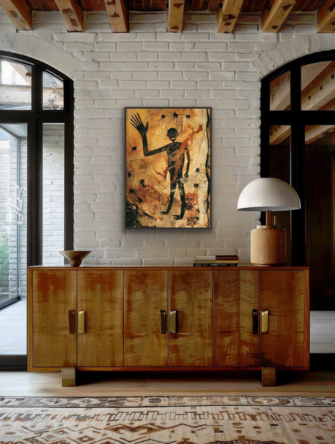 Matte paper poster in black frame displayed above a stylish wood cabinet in a modern living space.