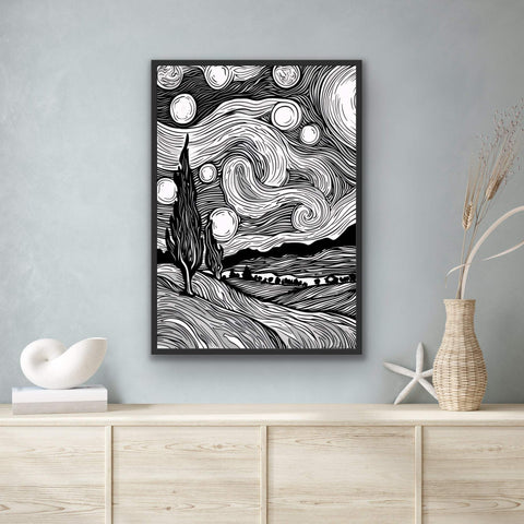 Framed poster with black and white landscape illustration of a night sky, ready to hang.
