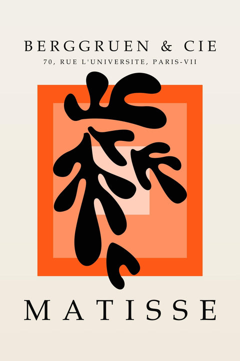 Matisse at Berggruen framed poster, modern art design with black organic forms on orange background, 24x36 inches.