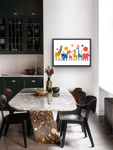 Framed poster featuring colorful animal parade art with giraffes, elephants, and birds.