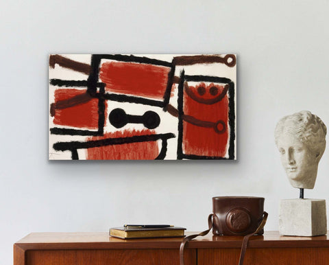 Thin canvas abstract art with red, black, and brown geometric design on a white background.