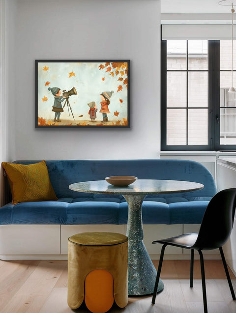 Framed poster of a whimsical autumn scene in a sleek black frame, perfect for nurseries or playrooms.