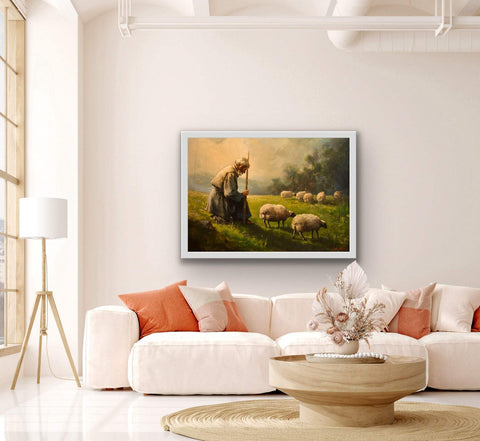 Framed matte paper poster with serene landscape art in living room decor.