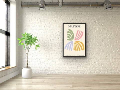 Matisse-inspired framed poster "The Four Petals" in pastel hues on display in a modern interior.