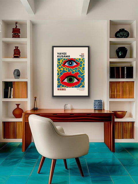 Framed poster featuring bold, colorful psychedelic art by Yayoi Kusama, ideal for modern decor.