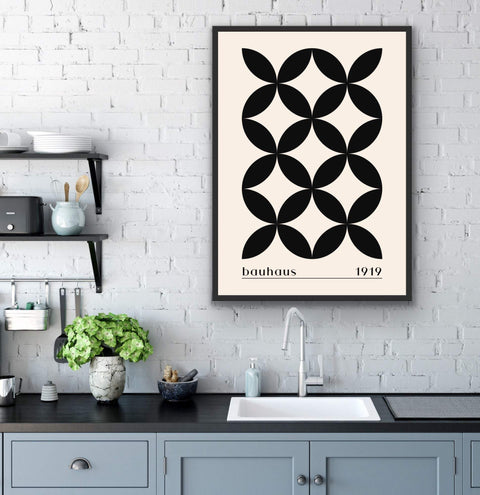 Bauhaus inspired framed poster with geometric black and cream design, perfect for modern decor.