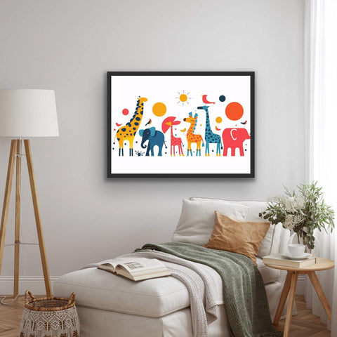 Vibrant framed poster with whimsical animal parade art, featuring giraffes, elephants, and birds.