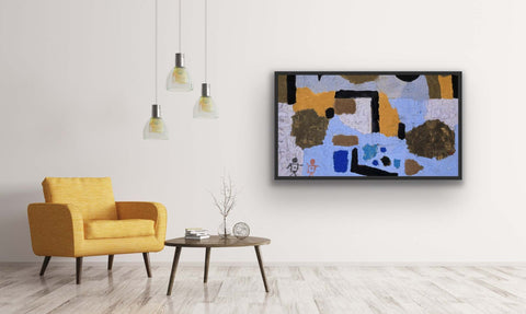 Framed photo paper poster with abstract design in black frame, enhancing modern home decor.