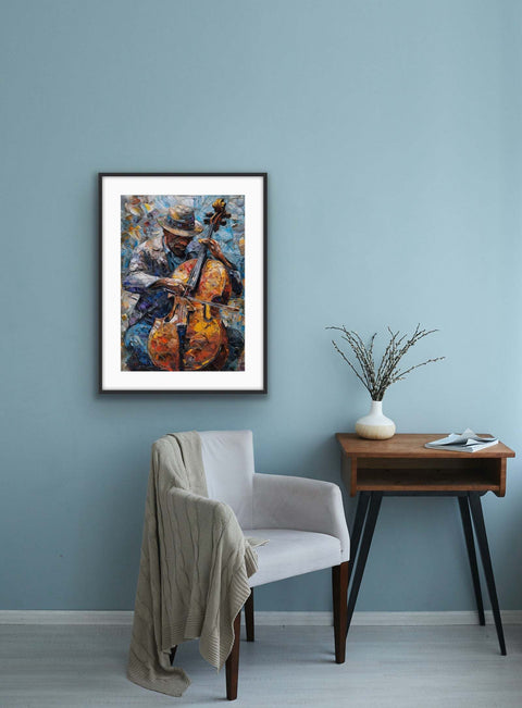 Matte paper framed poster with musician playing cello, artistic home decor.