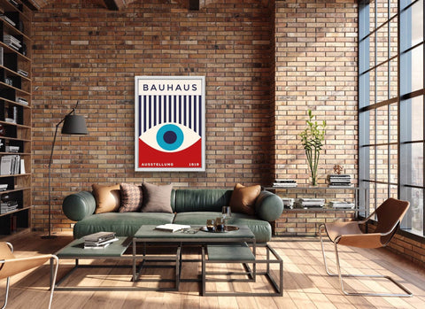Matte paper poster in a modern living room with brick wall decor.