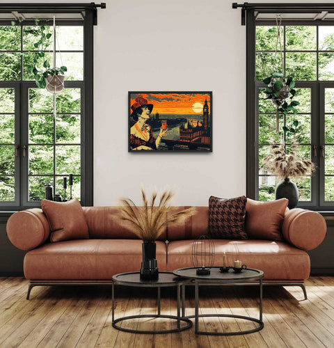 Framed photo paper poster featuring stylish woman with London skyline and sunset.