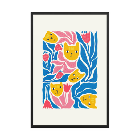 a picture of a cat and flowers on a white background