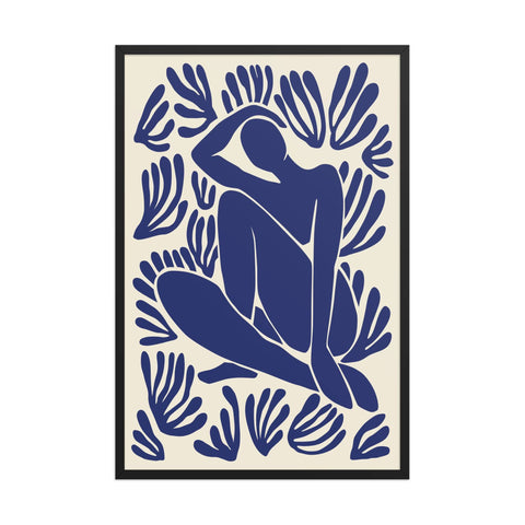 Framed poster "Reclining in Blue" 24x36 inches featuring a blue silhouette amid stylized seaweed shapes.