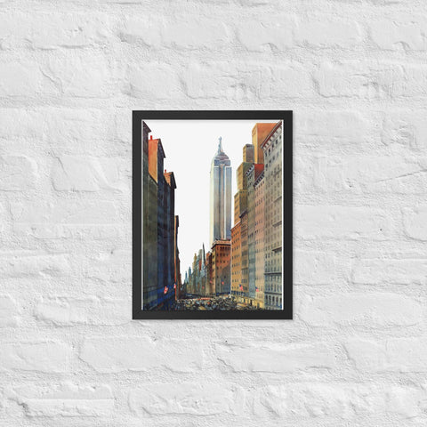Framed matte paper poster featuring urban cityscape scene for home or office décor.