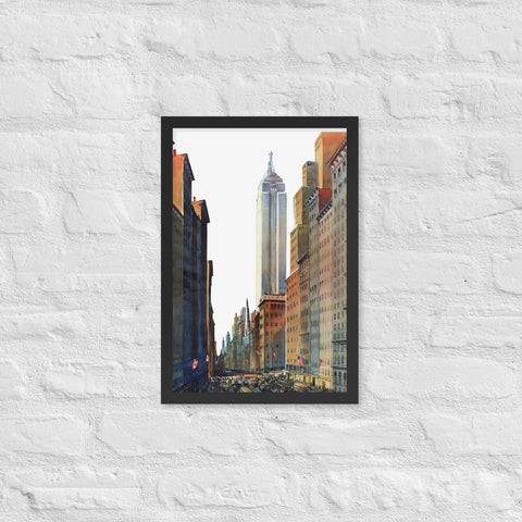 Framed matte paper poster featuring an urban cityscape, perfect for sophisticated home or office decor.