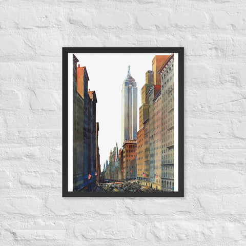 Framed matte paper poster with an urban cityscape scene, perfect for home or office decor.