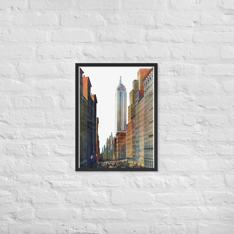 Framed matte paper poster featuring urban cityscape scene.