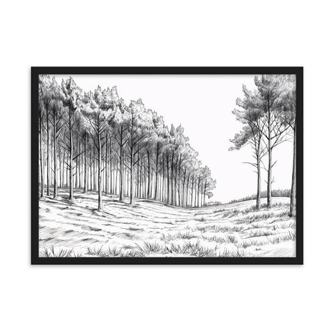 Framed matte paper poster with detailed landscape scene and black frame.