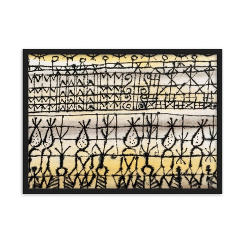 Framed matte paper poster with abstract black, white, and yellow design.