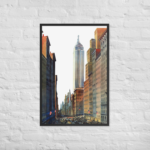 Framed matte paper poster featuring urban cityscape scene, perfect for home or office wall decor.