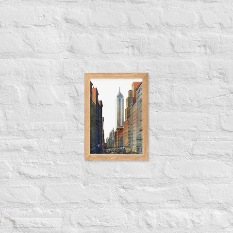 Framed matte paper poster featuring urban cityscape scene for home or office decor.