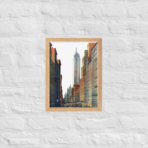 Framed matte paper poster of urban cityscape, ready to hang for home or office decor.