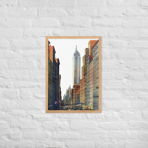 Framed matte paper poster featuring an urban cityscape scene, perfect for home or office decor.