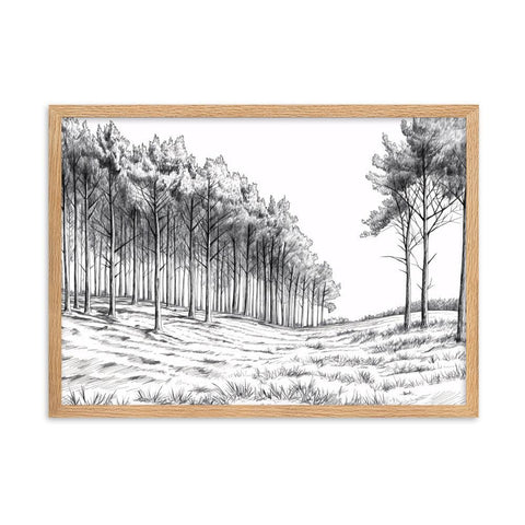 Framed matte paper poster featuring a detailed landscape scene in a black frame.