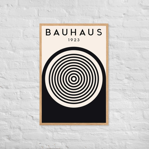 Bauhaus style matte paper poster with bold geometric design in wood frame.